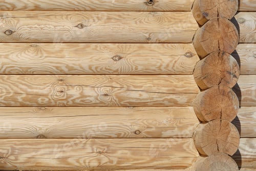 Preview: New wooden wall. Rough surface of the log.