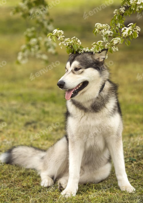Preview: Funny springime portrait of alaskan malamute husky dog