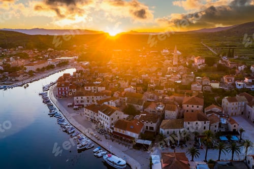 Preview: Aerial sunset view of Stari Grad, a town at Hvar island, Croatia