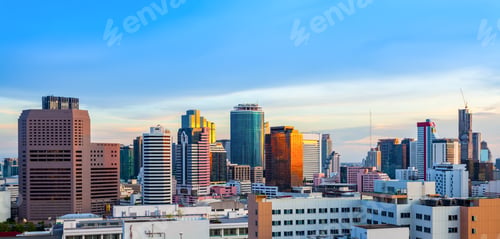 Preview: Panorama of Bangkok Cityscape in twilight, Business district with high building, Thailand.