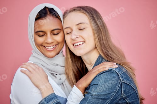 Preview: Hug, happy and women friends in a studio with love, care and bond for friendship or support. Happin