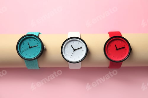 Preview: Holder with collection of stylish wrist watches on color background. Fashion accessory