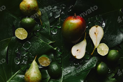 Preview: top view of fresh ripe fruits, ice cubes and beautiful green tropical leaves