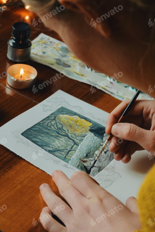 Preview: Woman Painter Artist Painting A Picture Of A Fantasy Cave With Watercolour