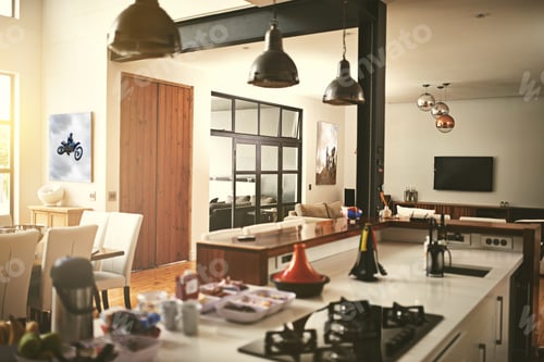 Preview: Stylish and spacious surroundings. Open plan kitchen area in a modern minimalist style home.
