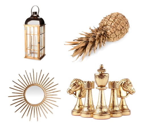 Preview: Set of different items in gold color on white background