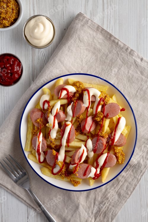 Preview: Homemade Salchipapa Fries with Ketchup, Mustard and Mayo on a Plate, top view.