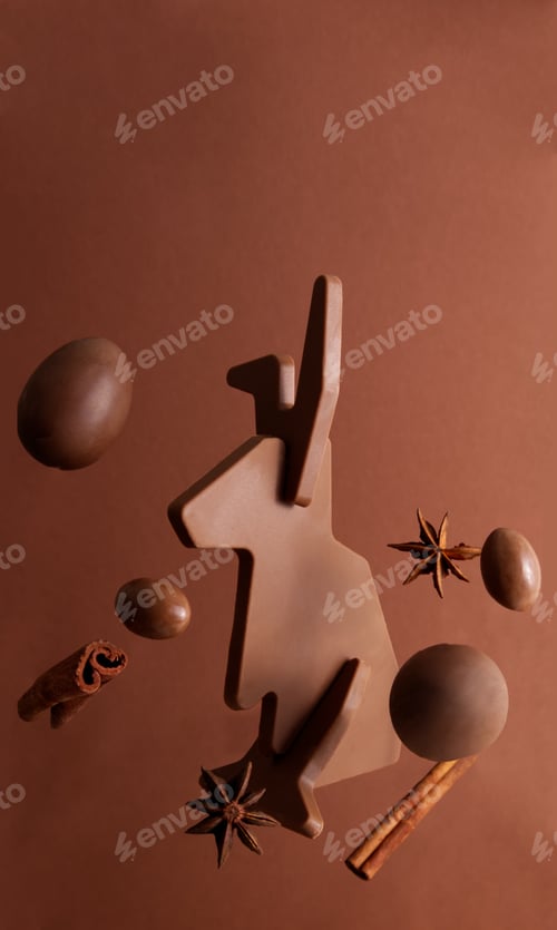 Preview: Chocolate Easter bunny levitates with candy Easter eggs on a brown background