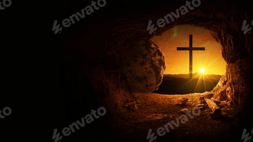 Preview: Easter and Good Friday concept, empty tomb with cross on mountain with amazing sunrise