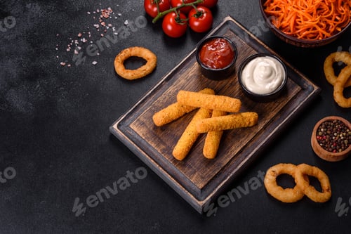 Preview: Breaded mozzarella cheese sticks served with tomato sauce