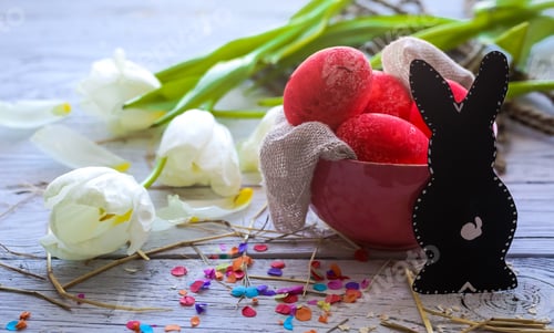 Preview: Easter still life with colored eggs and rabbit