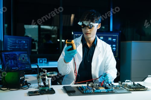 Preview: Technician testing computer motherboard with multimeter in a high-tech electronics lab, analyzing