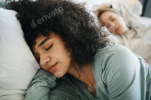 Preview: Lgbtq, relax and women sleeping on bed in bedroom with fatigue and burnout, dream and tired. Exhaus