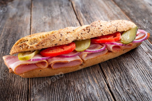 Preview: Tasty sandwich on wooden background