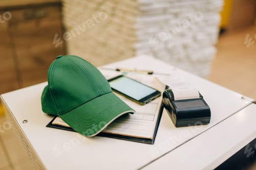 Preview: Repairman in uniform holds phone against toolbox