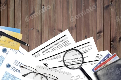 Preview: USCIS form I-765 Application for employment authorization lies on flat lay office table and ready to