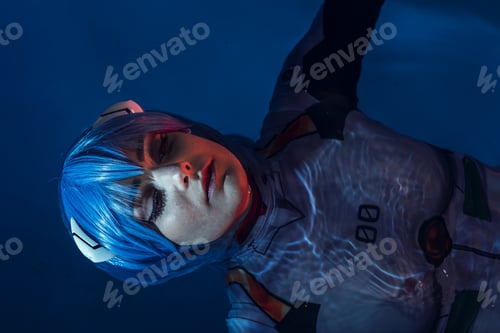 Preview: Closeup shot of a European female with blue hair swimming in a pool at night