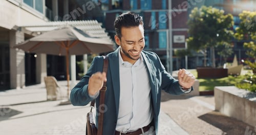 Preview: Happy, smile and businessman dancing in city for good news, achievement or celebration. Excited, su