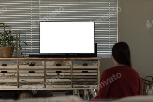 Preview: Rear view of caucasian young woman watching tv while relaxing at home, copy space