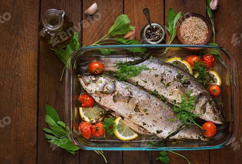 Preview: Two baked seabass in a baking dish with spices on an wooden background. Top view