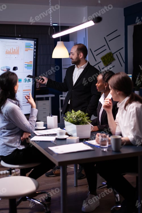 Preview: Entrepreneur man brainstorming management strategy working hard in meeting office