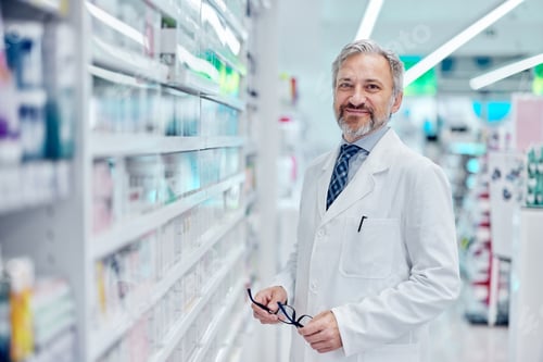 Preview: Portrait of a man working as a pharmacist, at the pharmacy, holding glasses, smiling for the camera.