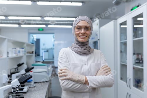 Preview: Portrait of a young Muslim female lab technician, pharmacist in hijab and protective glasses