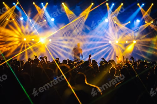 Preview: Silhouettes of people dancing during the concert while performer is on a stage