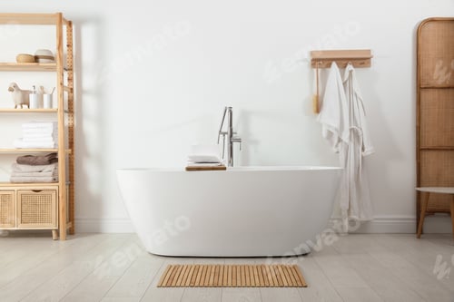 Preview: Stylish bathroom interior with modern white tub