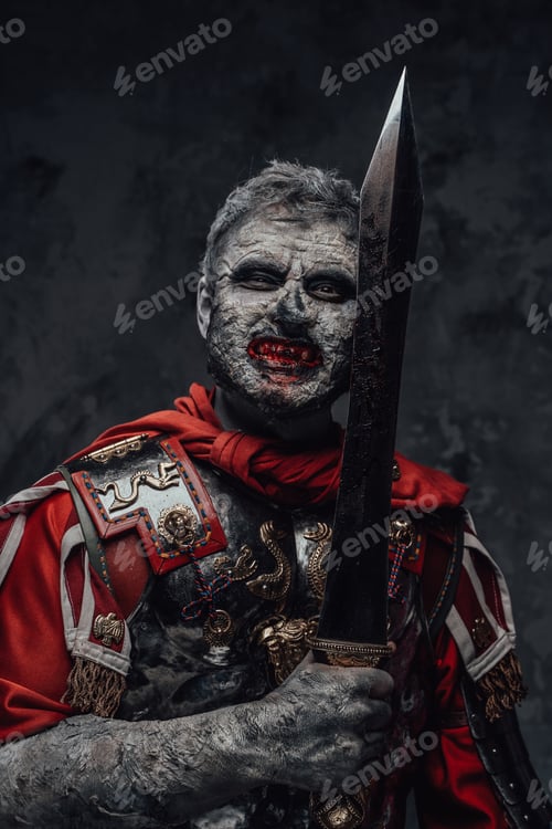 Preview: Creepy centurion zombie with gladius against dark background