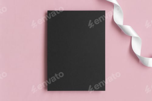 Preview: Invitation black card mockup with a satin tape on a soft pink textile. 5x7 ratio, similar to A6, A5.