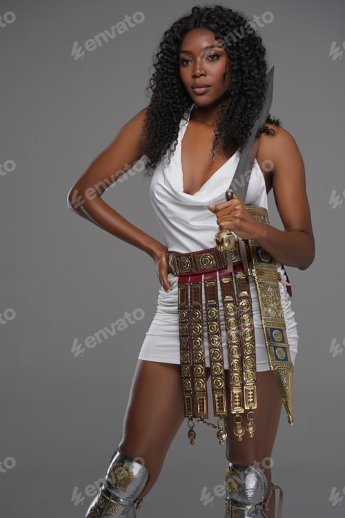 Preview: Dark-skinnedn model in Greek-style tunic with red cape and ornate belt