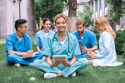 Preview: teacher and multicultural students studying outdoors with gadgets at medical university