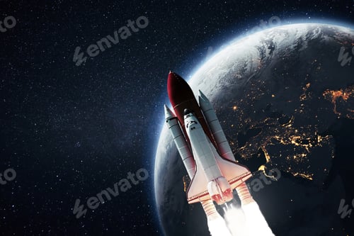 Preview: Rocket shuttle takes off from the planet earth into starry space. Successful spacecraft launch