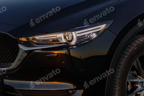 Preview: Part of the body of a black car at sunset