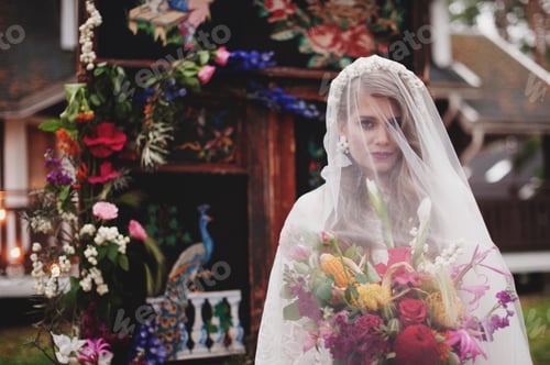 Blonde Woman in Veil Holding Flowers Outdoors