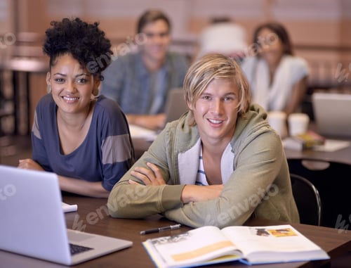 Preview: Portrait of two students researching their assignments together on a laptop