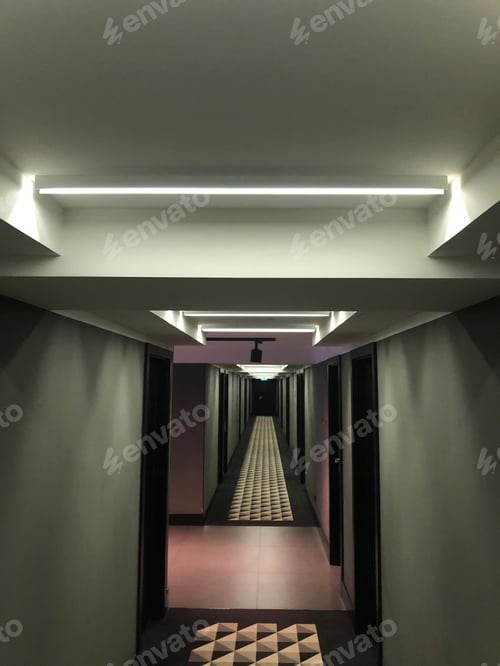 Preview: Hallway at the hotel. Graphic interior. Gray colors. Modern interior. Minimalism