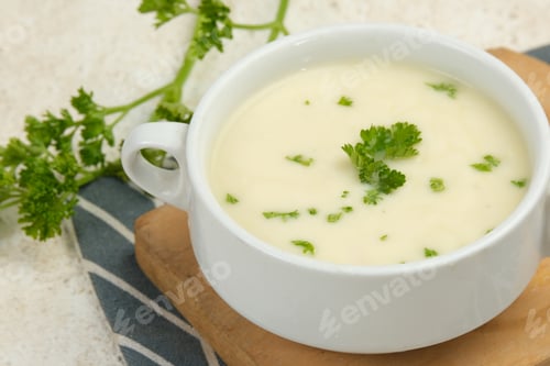 Preview: Bowl of cream soup on white table