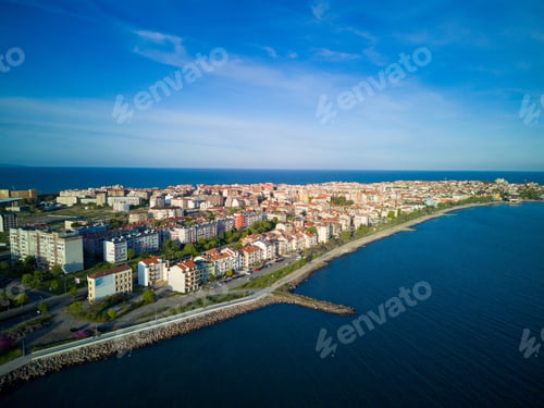 Preview: Panoramic view from a height above the town of Pomorie washed by the Black Sea in Bulgaria