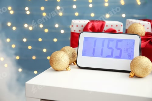 Preview: Electric clock, gifts and festive decor on table. Christmas countdown