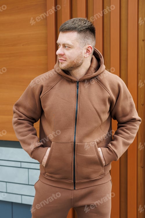 Preview: Man in brown casual warm suit. Men's fleece suit for cold walks. Men's fashion.