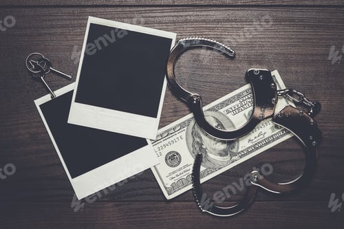 Preview: handcuffs money and old photos detective concept