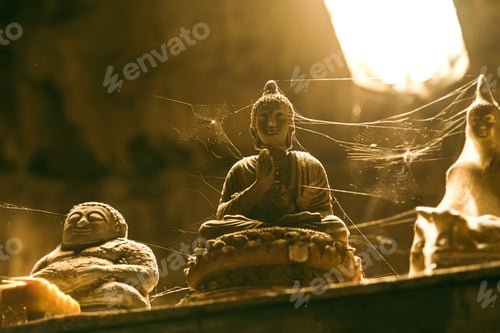 Preview: Closeup of stone Buddha statues covered in spider web in a cave.
