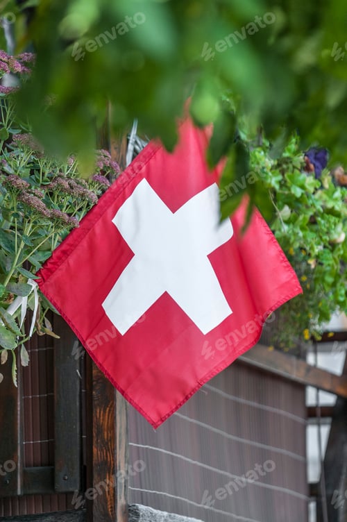Preview: Swiss flag, Sonogno Village, Locarno District, Ticino, Switzerland