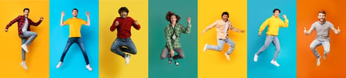 Preview: Group Of Overjoyed Young Men Jumping Mid Air Against Colorful Studio Backgrounds