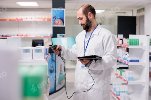 Preview: Pharmacist in white coat holding tablet computer typing products barcode while doing pills inventory