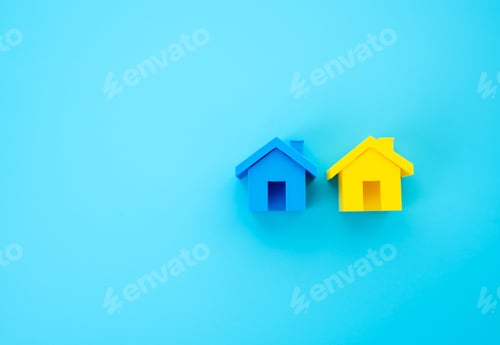 Preview: Yellow and blue houses. Symbol and colors of the flag of Ukraine. Ukrainian refugees