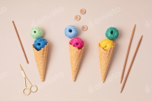 Preview: Colorful balls of organic cotton yarn waffle cones for ice cream