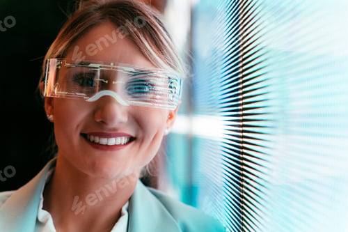 Preview: business woman with cyborg bionic arm and augmented reality visor.